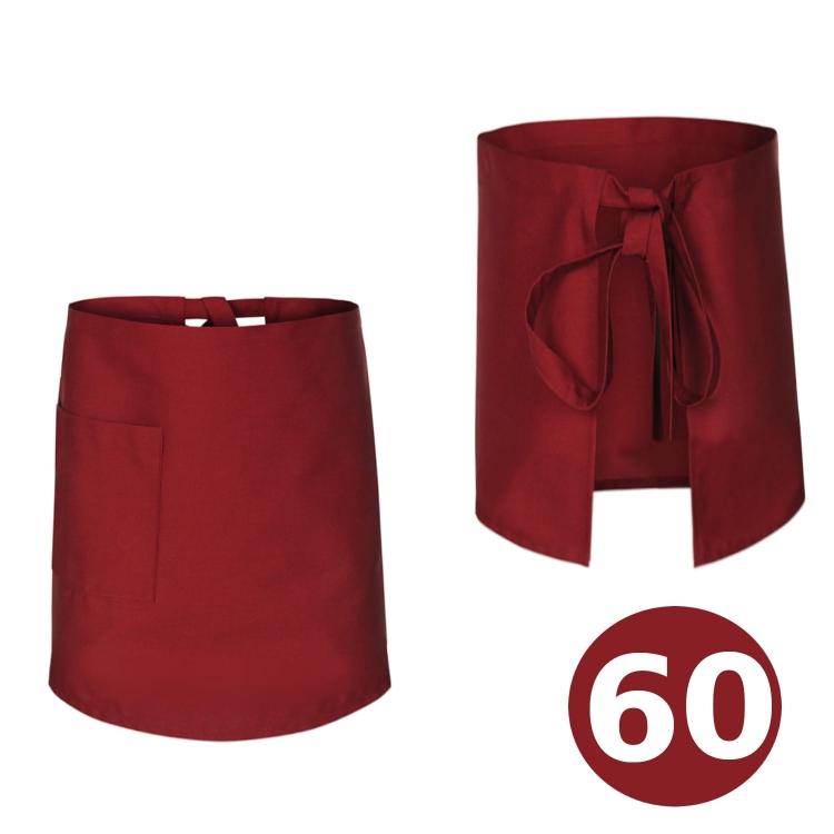 Dolga 60 cm kuhinjska predpasnik za natakarje v bordo barvi.
