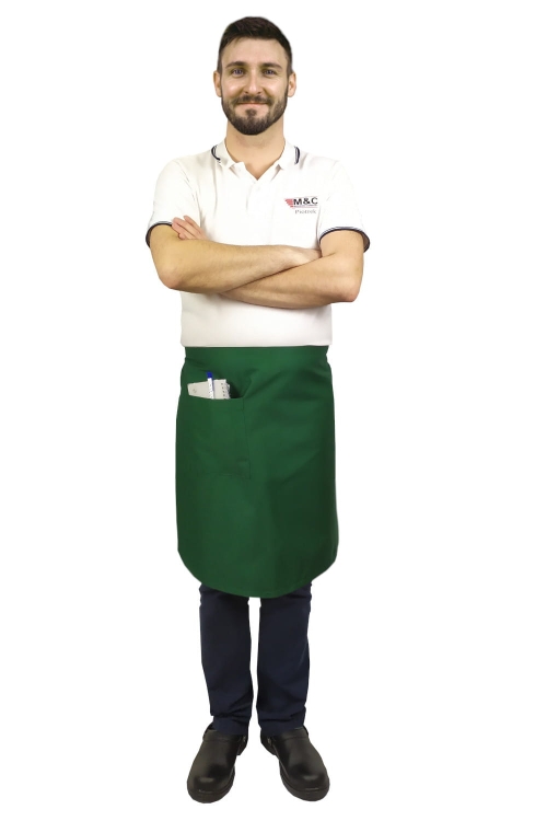 Zelena natakarjeva delovna halja dolžine 60 cm.