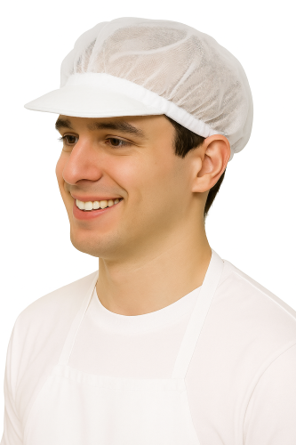 Bela tkaninska kapa z trdim vizirjem.