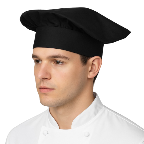 Nizka črna kuhinjska kapa šefa kuhinje.