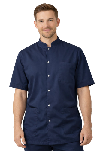 Granatowa bluza lekarska męska ze stójką i krótkim rękawem