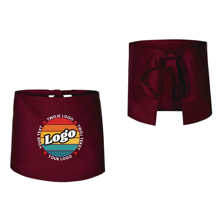 Zapaska kucharska krótka bordowa wiązana długość 40cm z twoim nadrukiem logo przód i tył.jpg