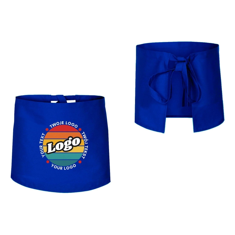 Zapaska kucharska krótka chabrowa wiązana długość 40cm z twoim nadrukiem logo przód i tył.jpg