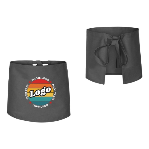 Zapaska kucharska krótka szara wiązana długość 40cm z twoim nadrukiem logo przód i tył.jpg