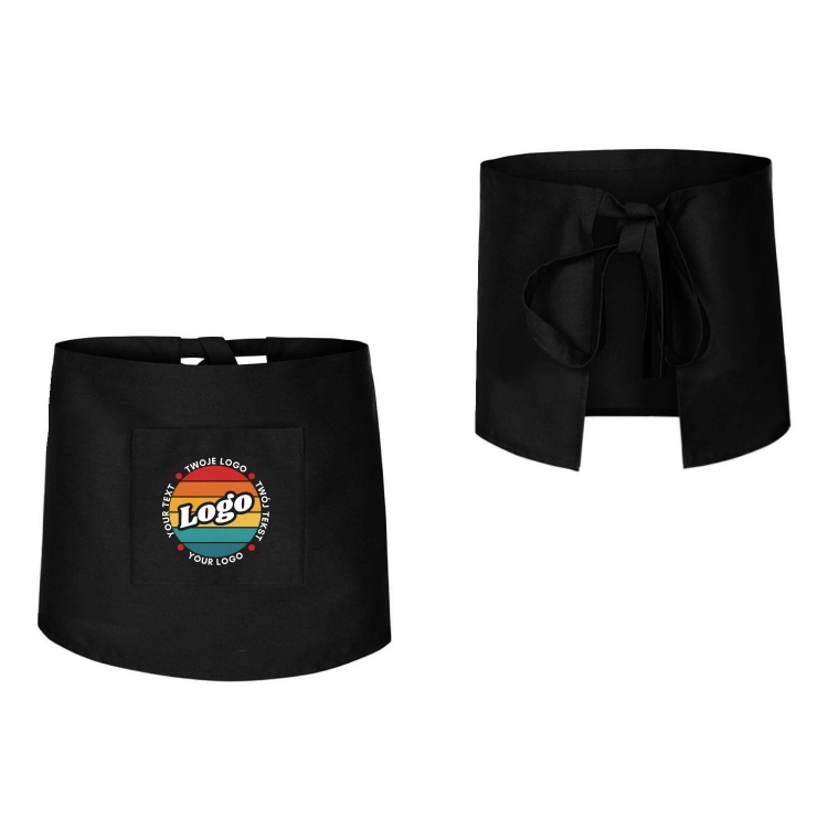 Zapaska kucharska krótka czarna z kieszonką wiązana długość 40cm z twoim nadrukiem logo przód i tył.jpg