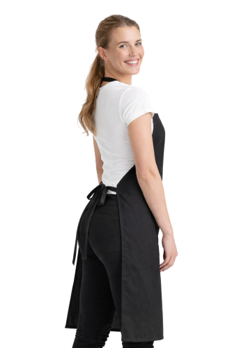 Fartuszek kuchenny z dużą i małą kieszenią na ramiączkach wiązany z tyłu czarny widok z boku.png