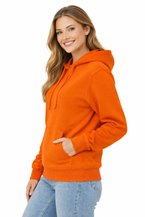 Bluza damska z kapturem kieszeniami pomarańczowa widok z boku.png