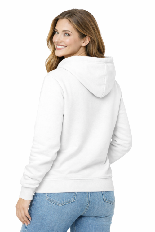 Bluza damska z kapturem kieszeniami biała widok z tyłu.png