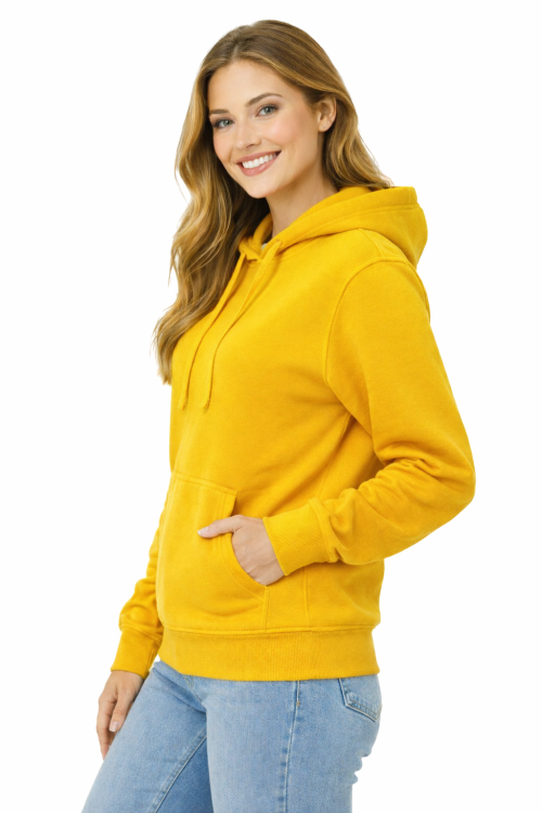 Bluza damska z kapturem kieszeniami żółta widok z boku.png