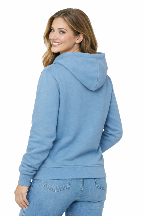 Bluza damska z kapturem kieszeniami jasno niebieska widok z tyłu.png