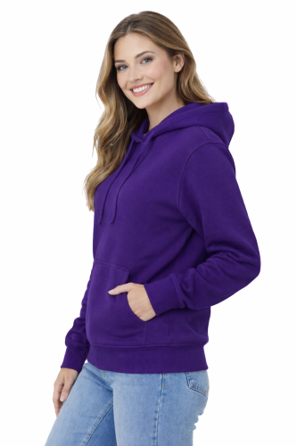 Bluza damska z kapturem kieszeniami purpurowa widok z boku.png