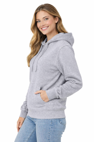 Bluza damska z kapturem kieszeniami jasna szara widok z boku.png