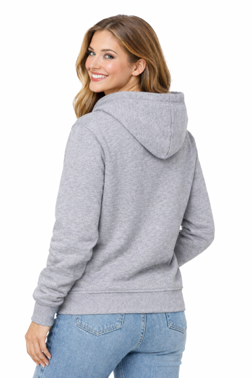 Bluza damska z kapturem kieszeniami jasna szara widok z tyłu.png