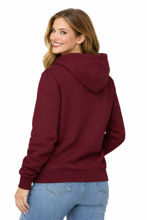 Bluza damska z kapturem kieszeniami bordowa widok z tyłu.png