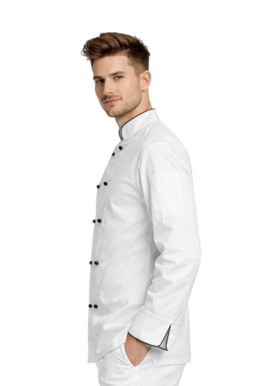Bluza kucharska biała z lamówką – kitel gastronomiczny