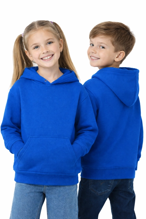 Bluza sportowa z kapturem i długim rękawem dziecięca dla chłopca i dziewczynki chabrowa.png
