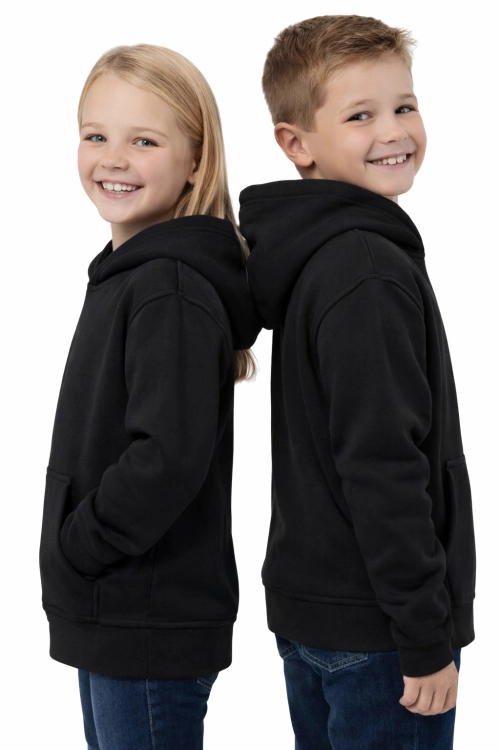 Bluza sportowa z kapturem i długim rękawem dziecięca dla chłopca i dziewczynki czarna widok z boku.png