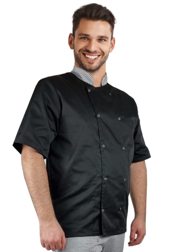 Kuharska bluza s pepitka vzorcem na gumbih in dolgimi rokavi.