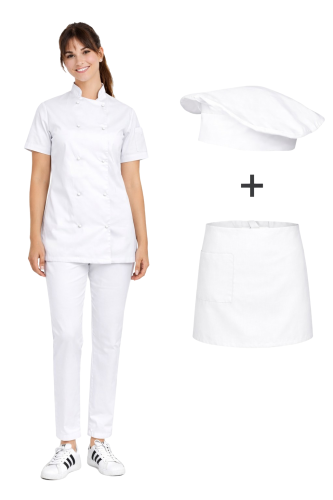 Damski zestaw kucharski biały, kompletny uniform kucharski zapinany na guziki ,krótki rękaw