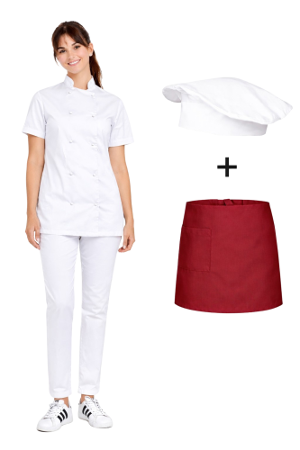Kompletny zestaw kucharski biały , damski uniform kucharski ,zapinany na guziki ,zapaska bordowa