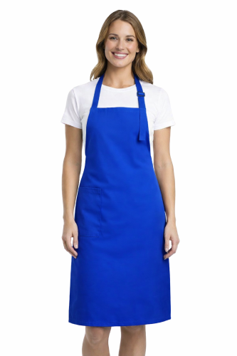 Profesjonalny fartuch gastronomiczny z kieszenią boczną regulowaną klamrą z karczkiem kolor chabrowy.png