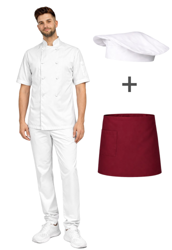 Zestaw dla kucharza – profesjonalny uniform gastronomiczny krótki rękaw ,kolor biały z bordową lamówką.png