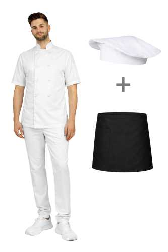 Zestaw dla kucharza – profesjonalny uniform gastronomiczny krótki rękaw ,kolor biały z czarną zapaską.png