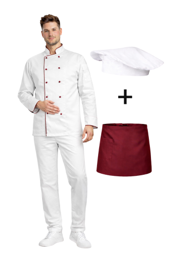 Zestaw gastronomiczny dla szefa kuchni,ucznia biały  z bordową  lamówką i bordową   zapaską.png