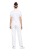 kucharski uniform zapinany na zatrzaski w kolorze białym  z granatową lamówką i krótkim rekawem.png