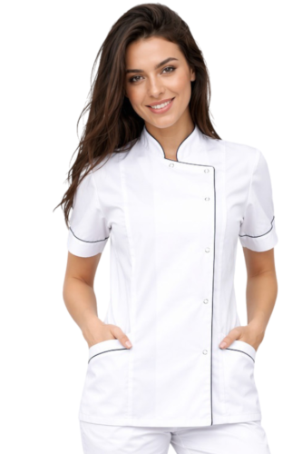 Żakiet medyczny biały  z granatową lamówką krótki rękaw