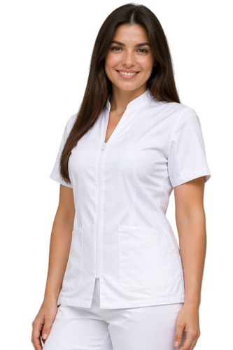 Biały żakiet kosmetyczny damski na suwak