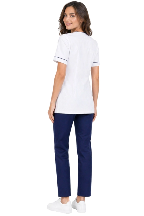 PHARMACY COMFORT damski komplet medyczny biały  z granatową lamówką i granatowymi spodniami