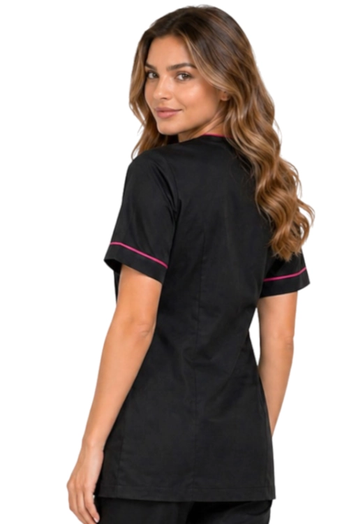 Czarny żakiet medyczny kosmetyczny damski z lamówką różową