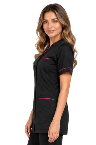 Damski żakiet kosmetyczny czarny z różową lamówką