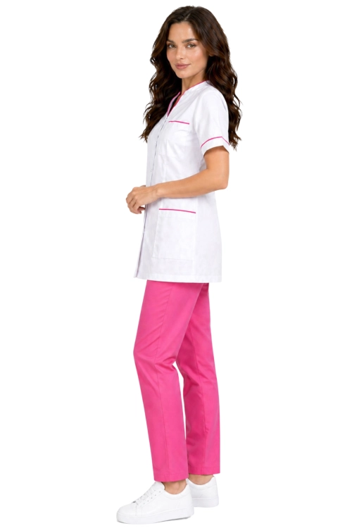 PHARMACY COMFORT komplet medyczny damski biały  z różową lamówką i różowymi spodniami