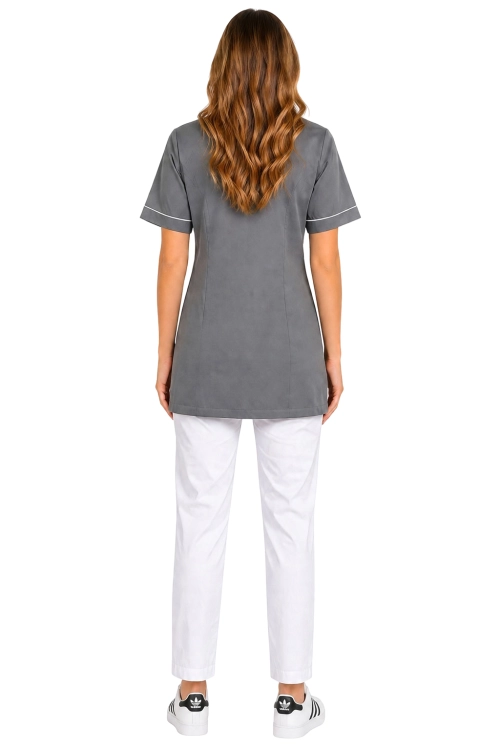 Damski komplet medyczny szary  z białą lamówką PHARMACY COMFORT ,białe spodnie