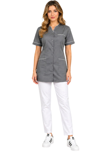 Komplet medyczny damski PHARMACY COMFORT szary  z białą lamówką i białymi spodniami