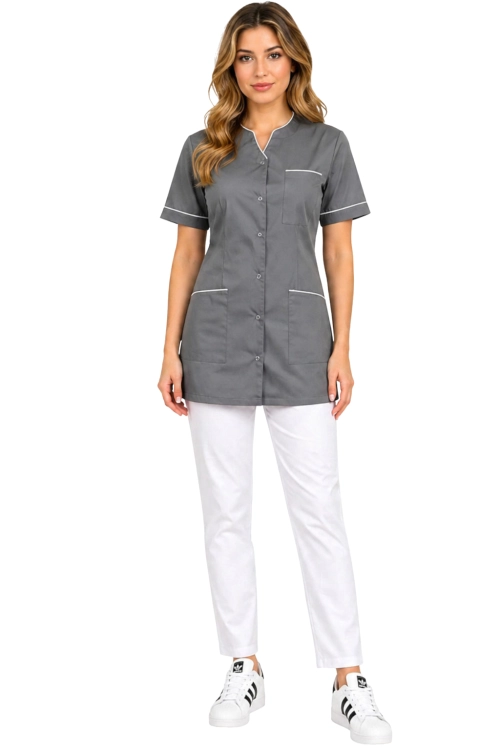 Komplet medyczny damski PHARMACY COMFORT szary  z białą lamówką i białymi spodniami