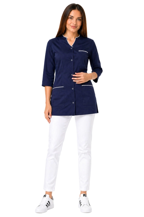 Komplet medyczny damski 3/4 rękaw granatowy żakiet  z białą lamówką i białymi spodniami