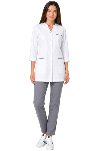 Komplet medyczny damski z  rękawem 3 4 biały żakiet z szarą  lamówką i szarymi spodniami