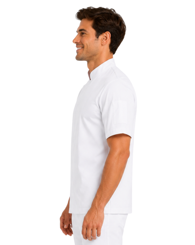 Bluza kucharska męska asymetryczna krótki rekaw kolor biały widok z boku.png