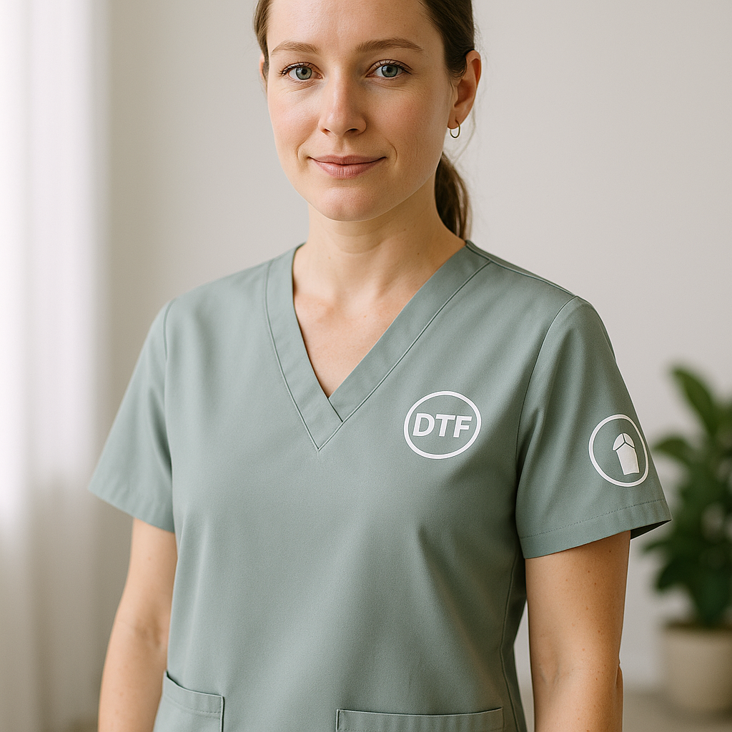 DTF tisk na medicinski bluzah – spredaj, na rokavu ali hrbtu: kaj je najbolj praktično?
